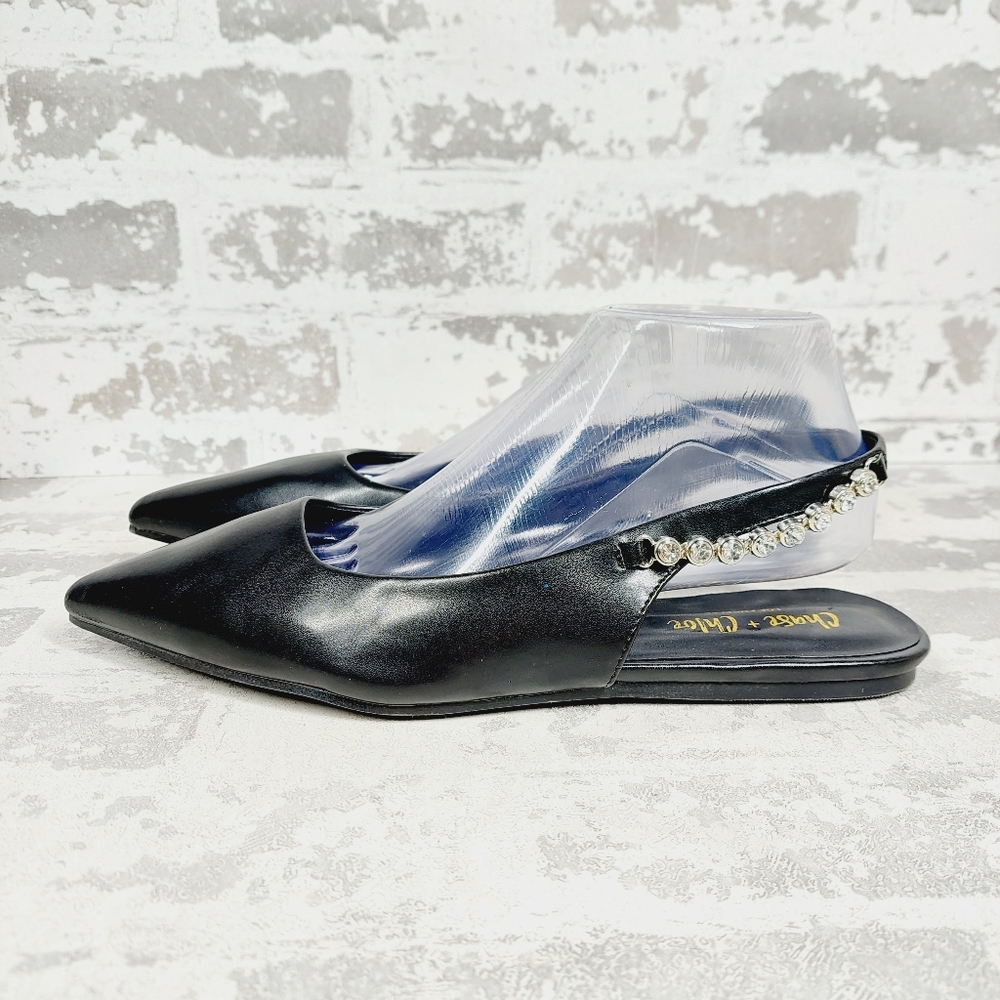 Chase + Chloe Black Pointed Toe Slingback Flats with Crystal Detail